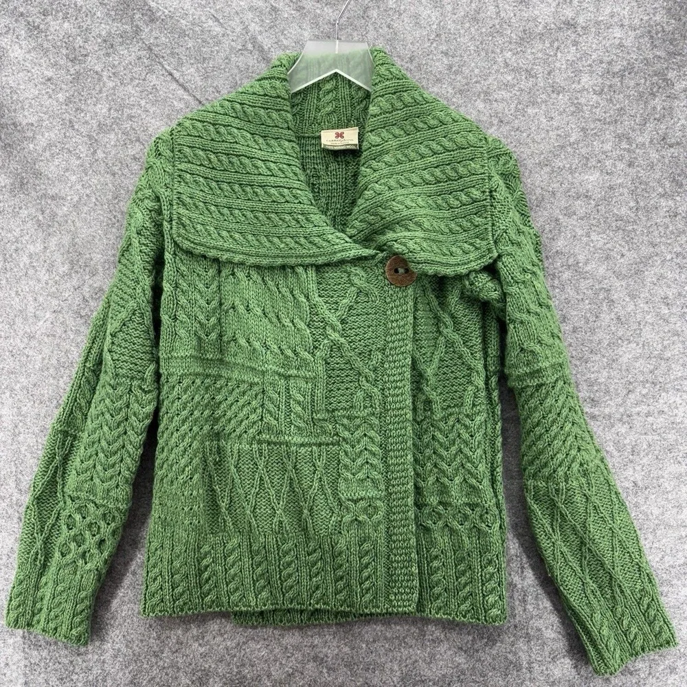 Carraig Donn Womens Merino Wool Aran Irish Wrap Sweater Size‎ XS Green Fisherman - Picture 5 of 12